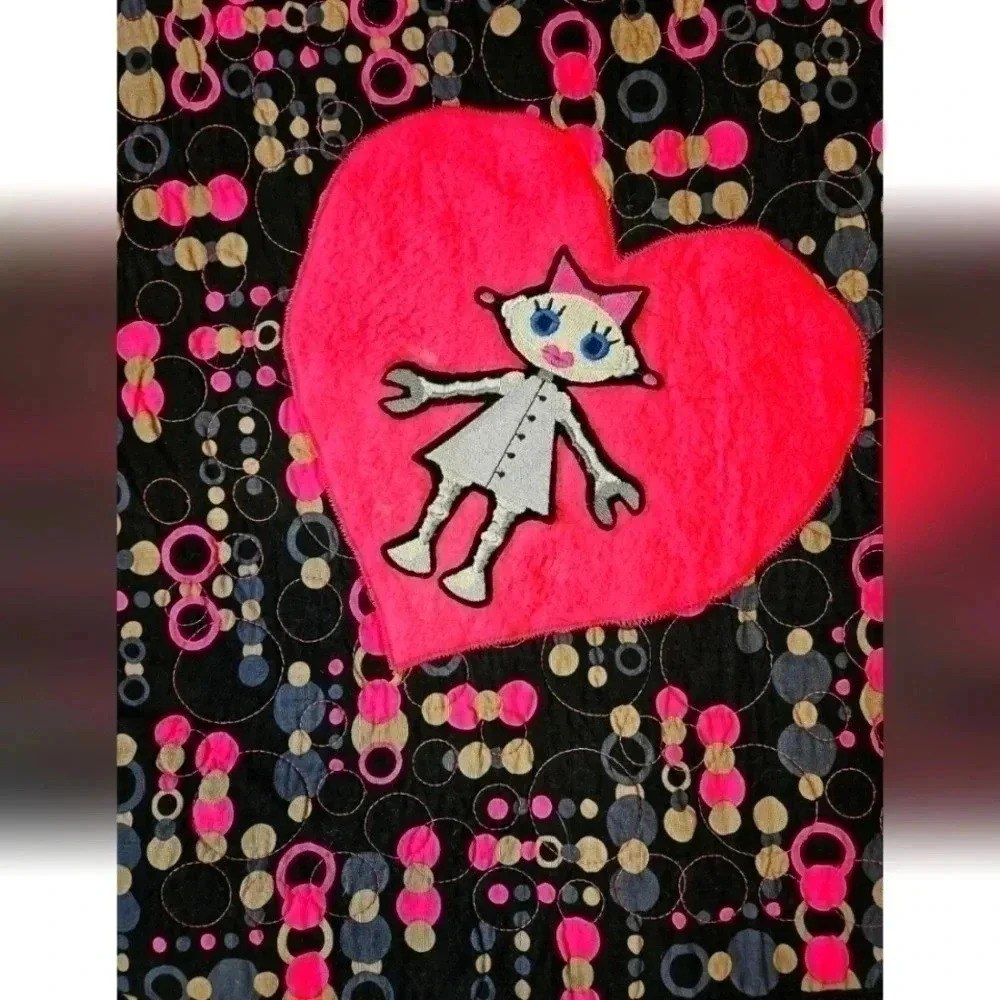 Pink Black Heart Blanket Throw Quilt Handmade Cotton Flannel Heart Patch Fembot